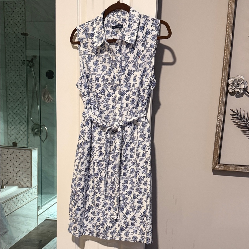 Tommy Hilfiger Navy and White Patterned Midi Dress